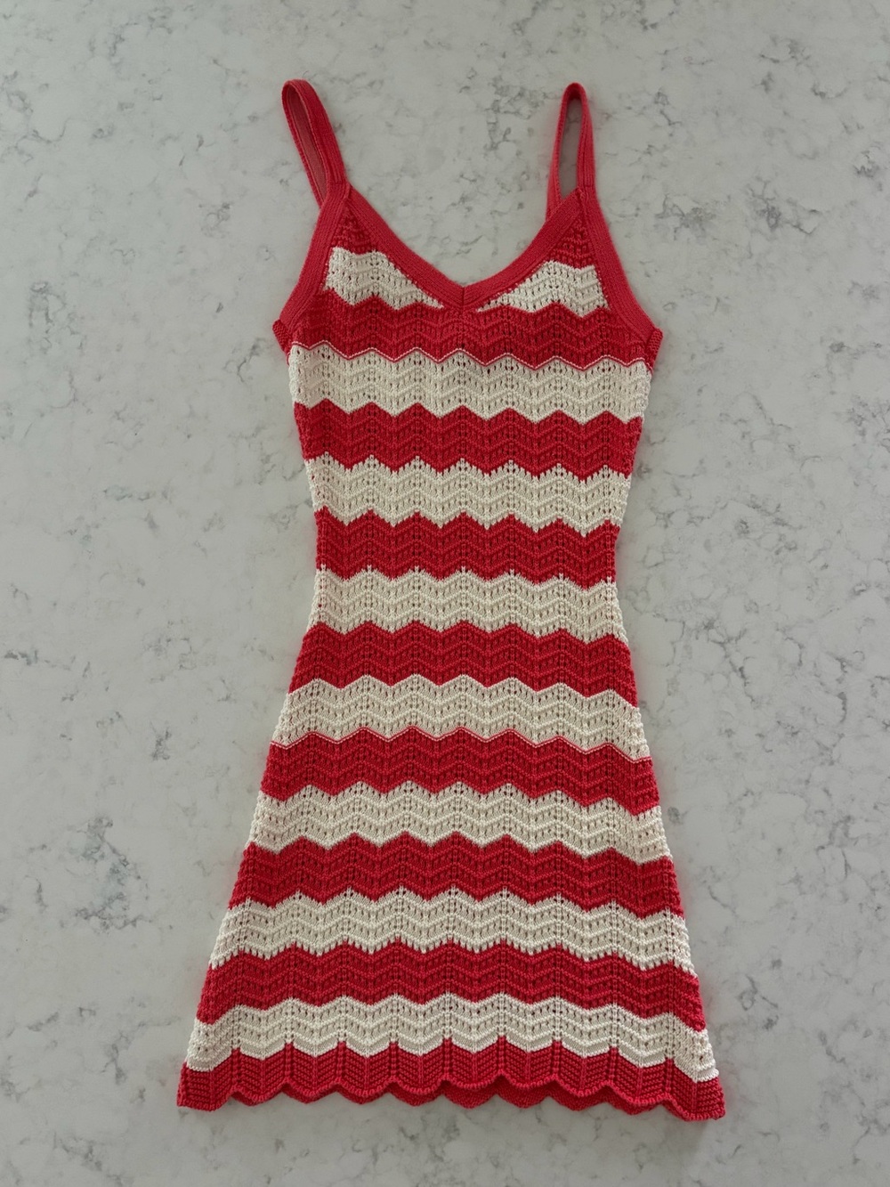 Red & Cream Striped Crochet Slip Dress